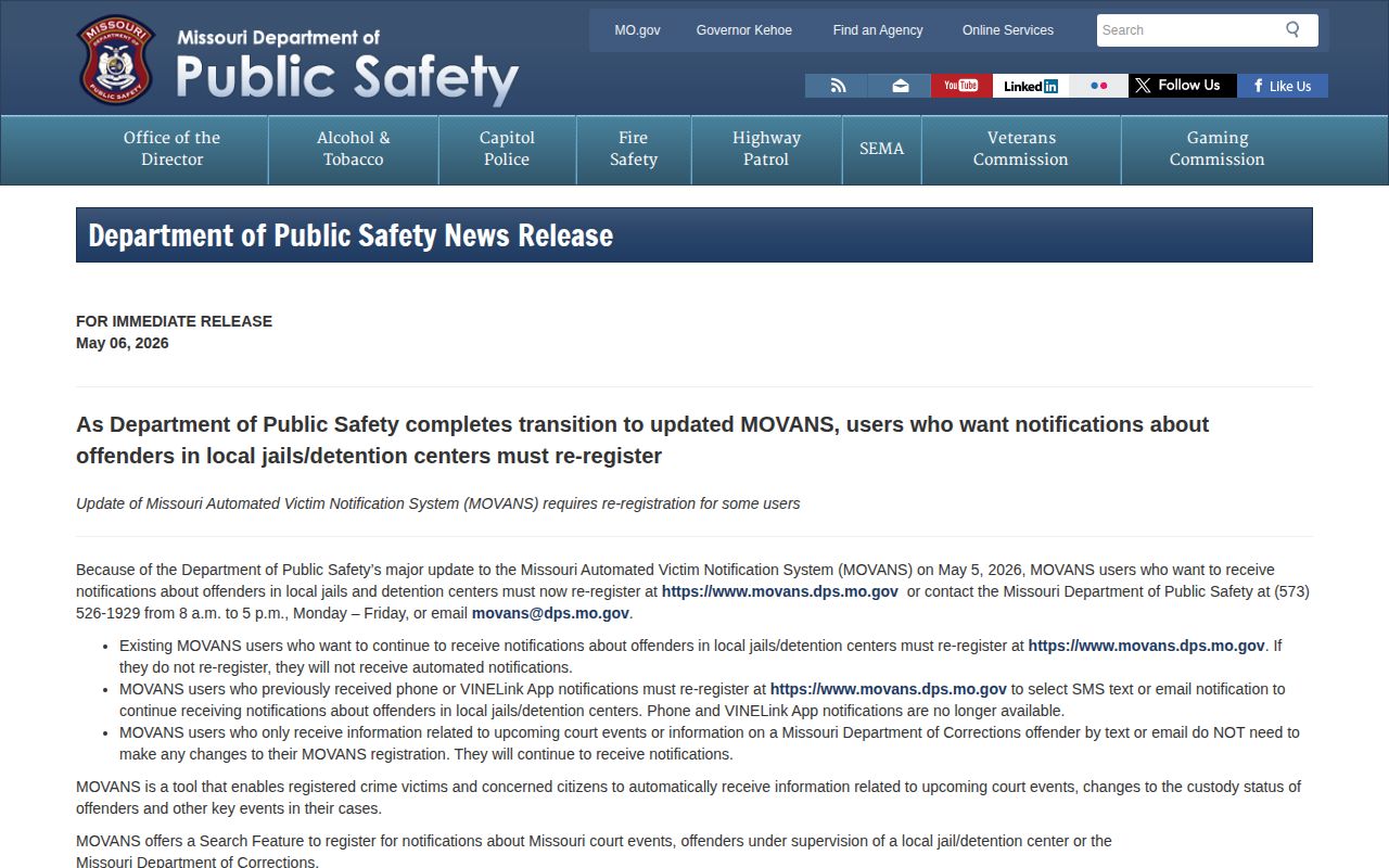 Missouri DPS notice for the St. Charles County MOVANS release notification transition